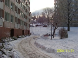 Bild på husen och en väg i snö