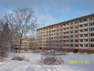 Bild på husen och träd i snö